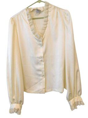 Alice Stuart 14 Off-White Satin Lace Ruffle Edwardian Style Poet 1980s Blouse